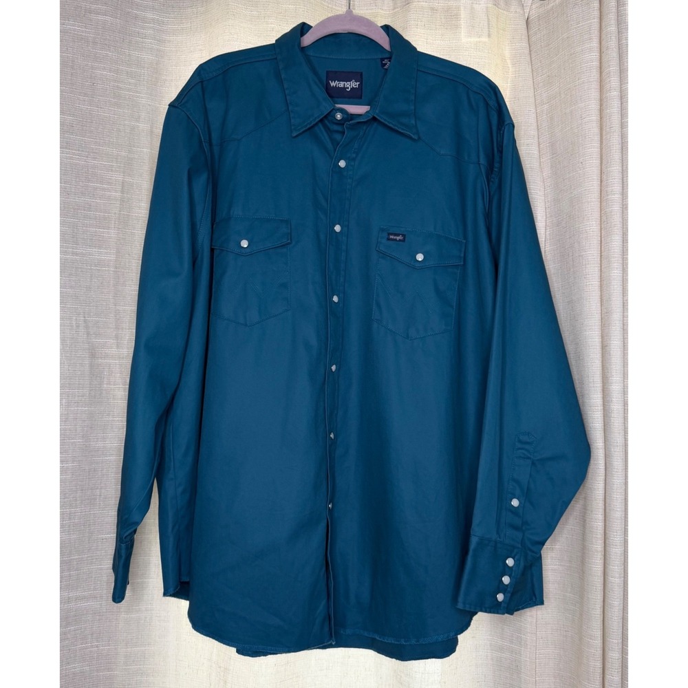 Vintage Wrangler Brushpopper Western Snap Button Shirt Teal Pockets Mens Size 3X
